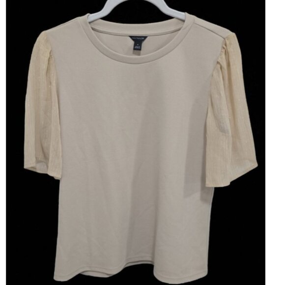 Ann Taylor Beige Contrast Silky Sleeve Knit Top – Elegant Textured Short Sleeve - Picture 1 of 5